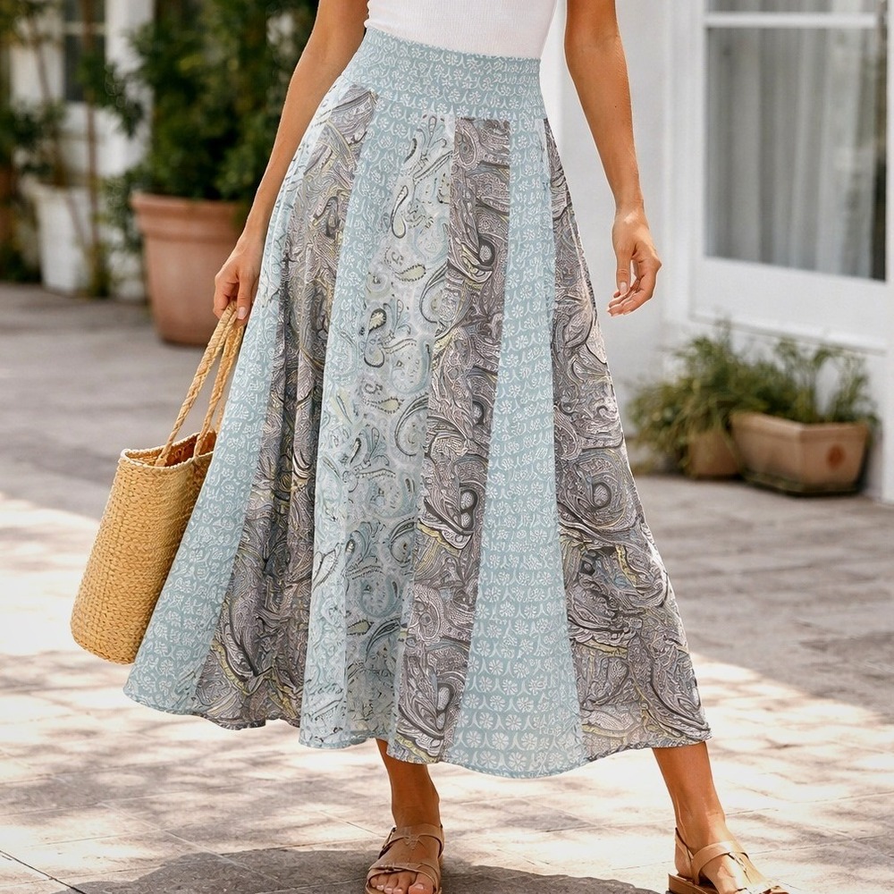 Vintage Patchwork Paisley Midi Maxi‎ Skirt Blue Boho Euro Summer Cottagecore S